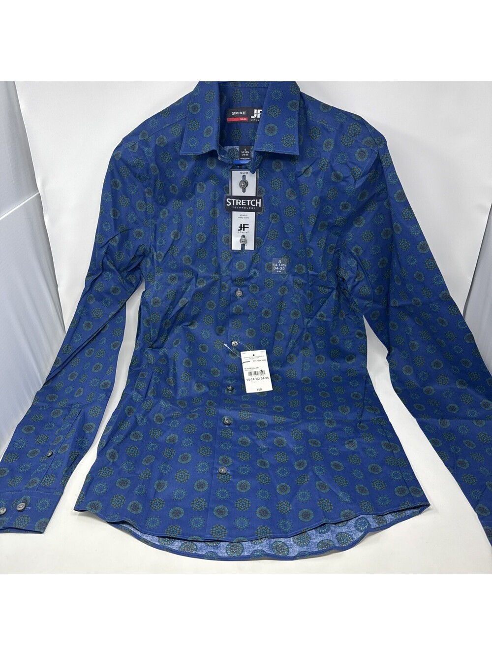 J. Ferrar Stretch Slim Fit Button Shirt Blue Green Small (14-14 1/2) (34-35)